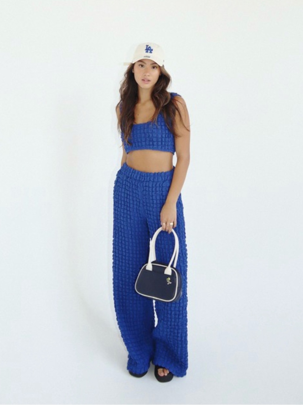 Blue Textured Bubble Two piece pant set